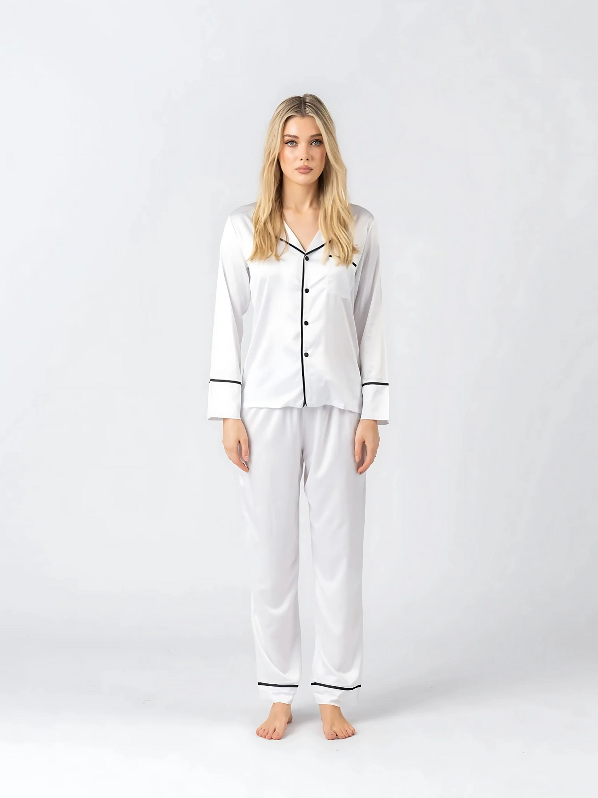 Satin Personalised Pyjama Winter Set - Long Sleeve & Long Pants White/Black