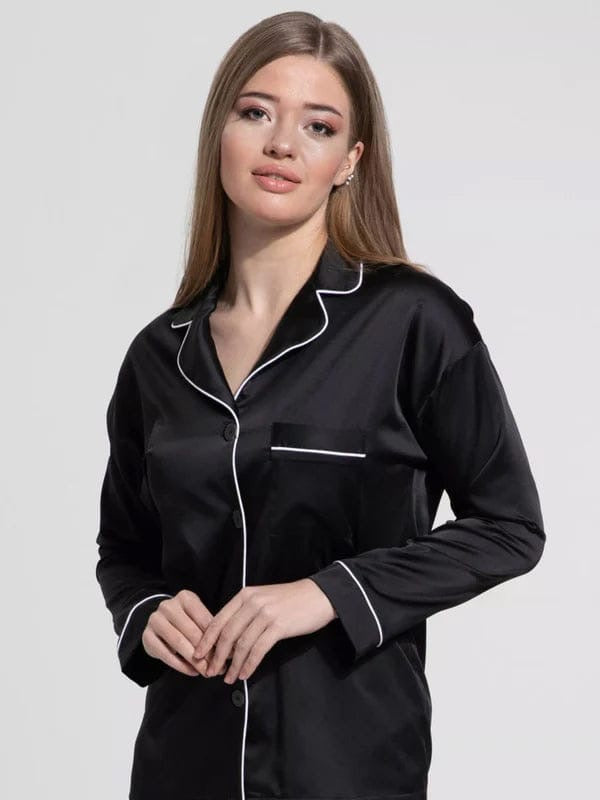 Satin Personalised Pyjama Winter Set - Long Sleeve & Long Pants White/Black